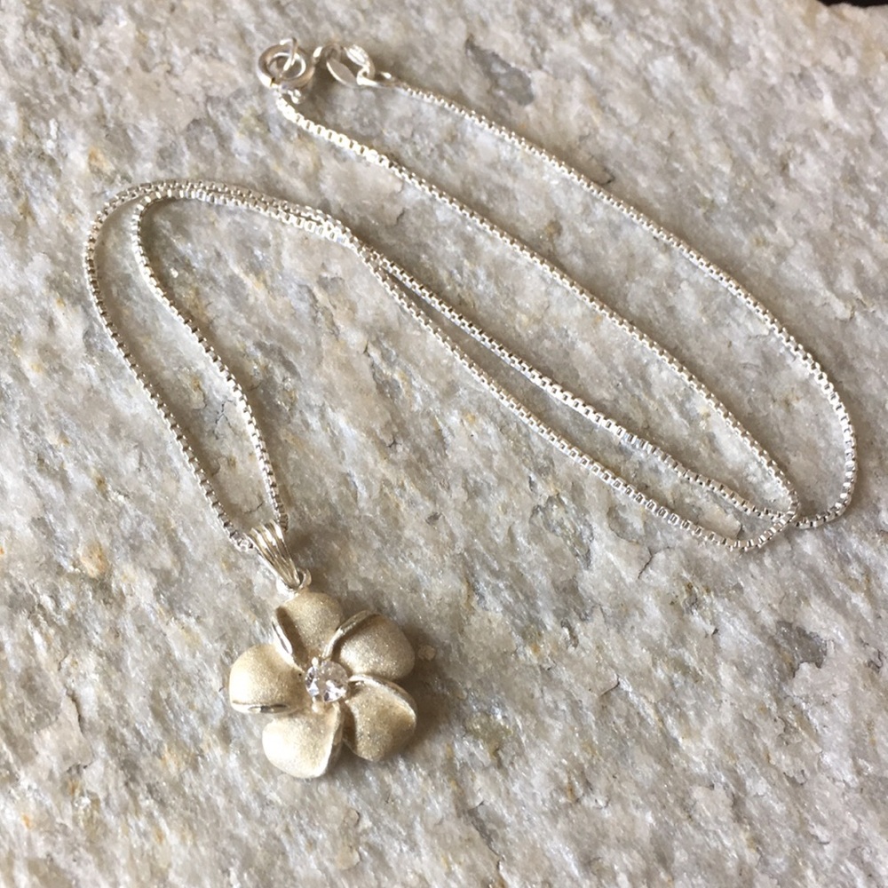 Sterling Silver Cubic Zirconia Plumeria Necklace